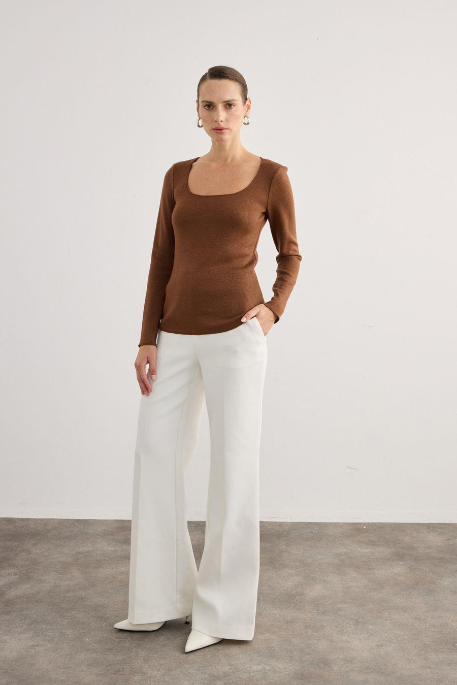 Long Sleeve Lycra Brown Basic Blouse