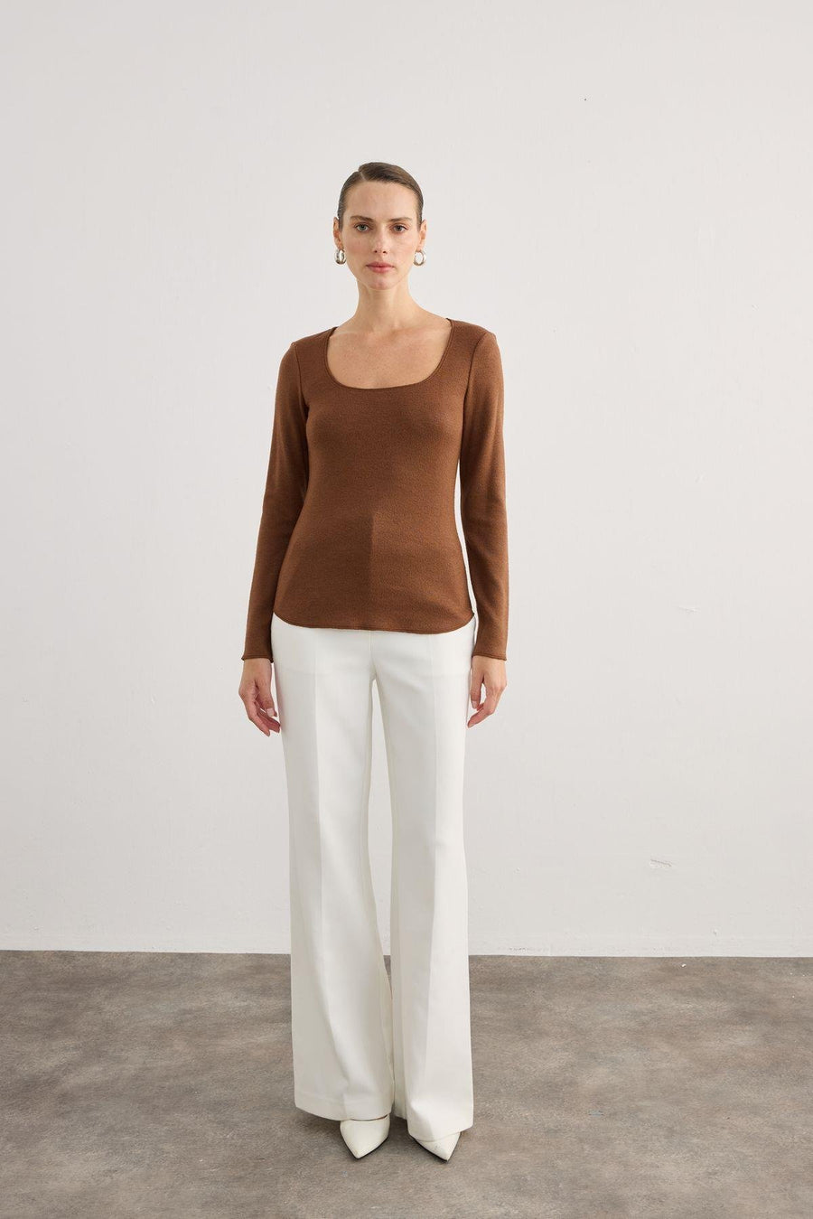 Long Sleeve Lycra Brown Basic Blouse