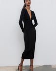 Black V Neck Draped Midi Dress  - Porterist 1