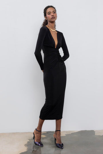 Black V Neck Draped Midi Dress  - Porterist 1