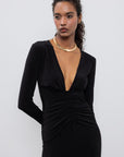 Black V Neck Draped Midi Dress  - Porterist 2