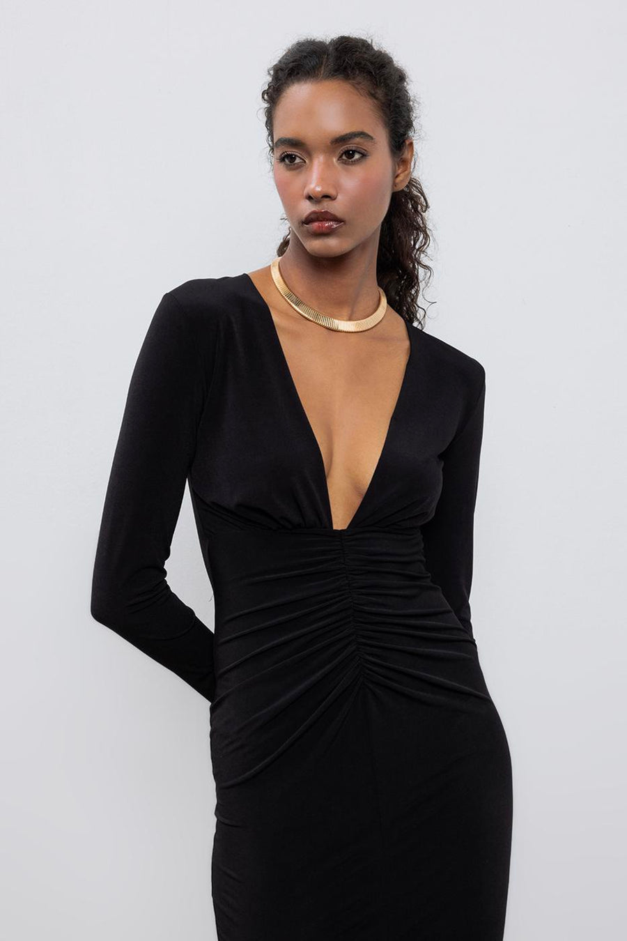 Black V Neck Draped Midi Dress  - Porterist 2