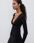 Black V Neck Draped Midi Dress  - Porterist 3