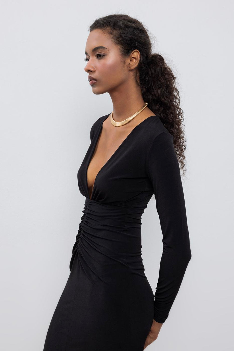 Black V Neck Draped Midi Dress  - Porterist 3