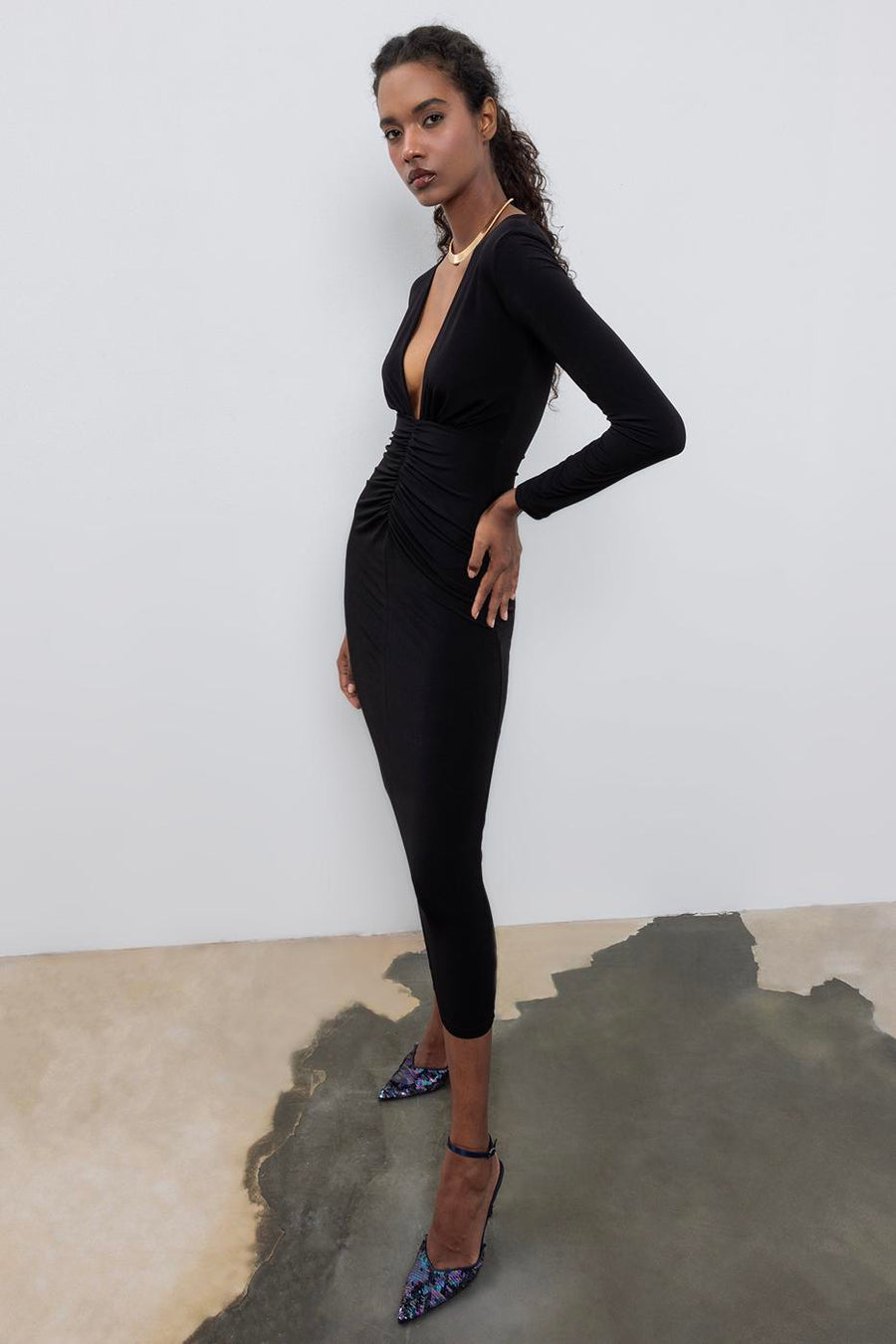 Black V Neck Draped Midi Dress  - Porterist 4