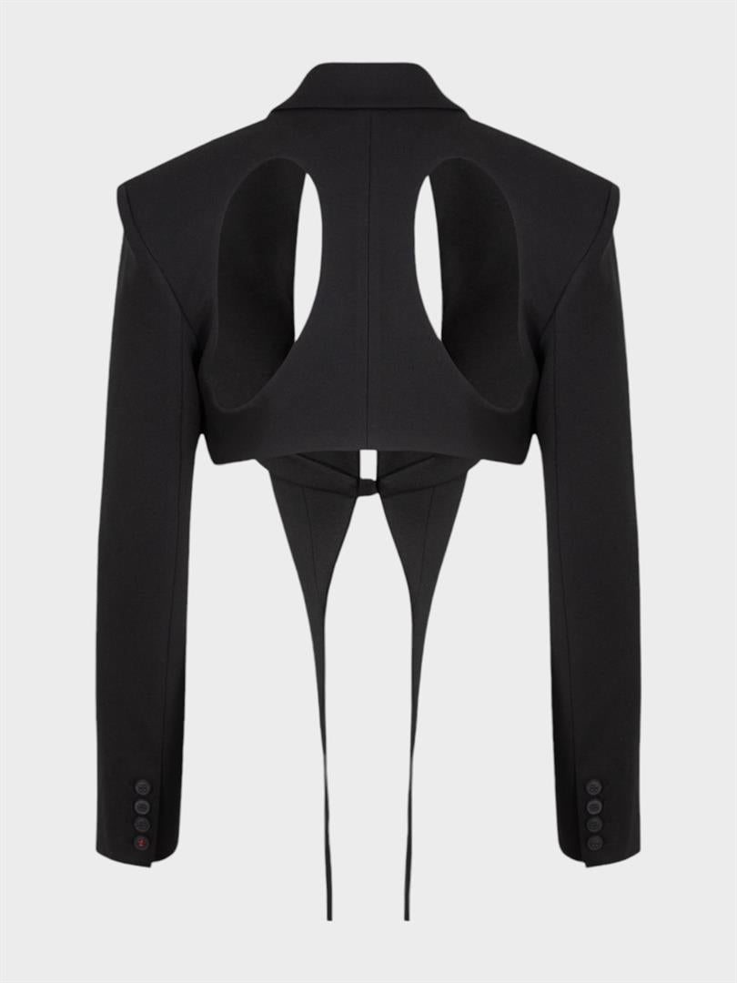 Padded and Tied Detail Crop Jacket - Black