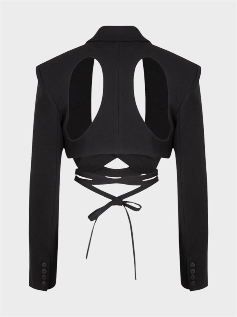 Padded and Tied Detail Crop Jacket - Black