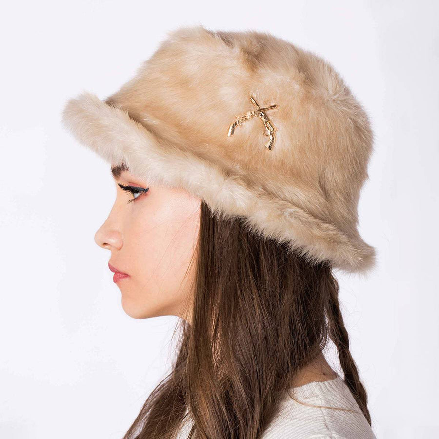 Dallas Beige Faux Fur Hat with Metal Accessories