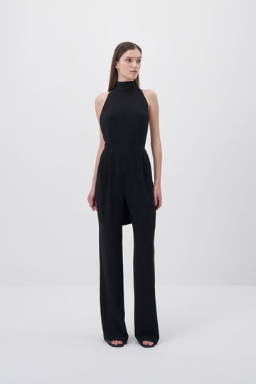 Black Halter Neck Backless Crepe Jumpsuit - Porterist 2