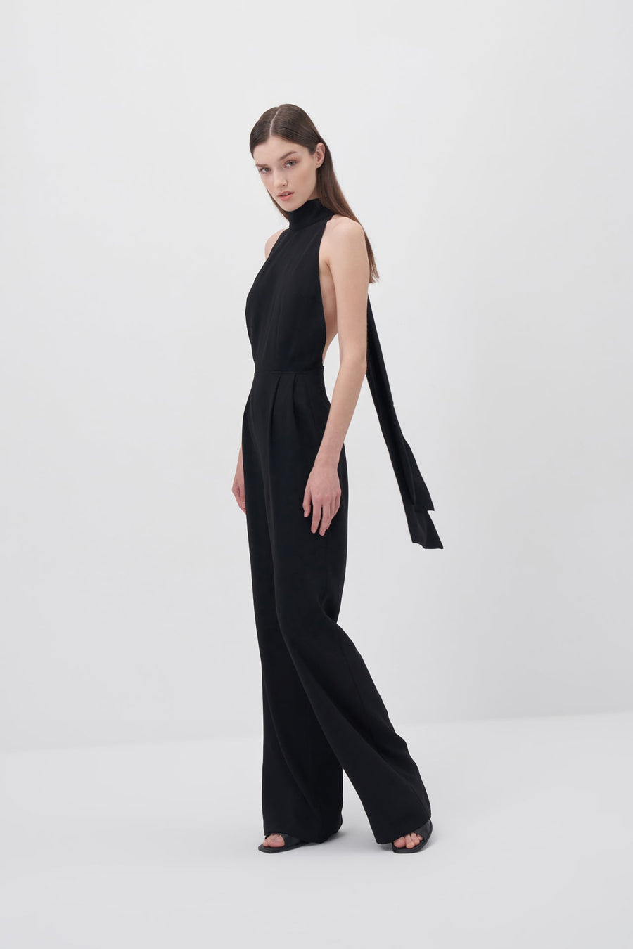 Black Halter Neck Backless Crepe Jumpsuit - Porterist 1