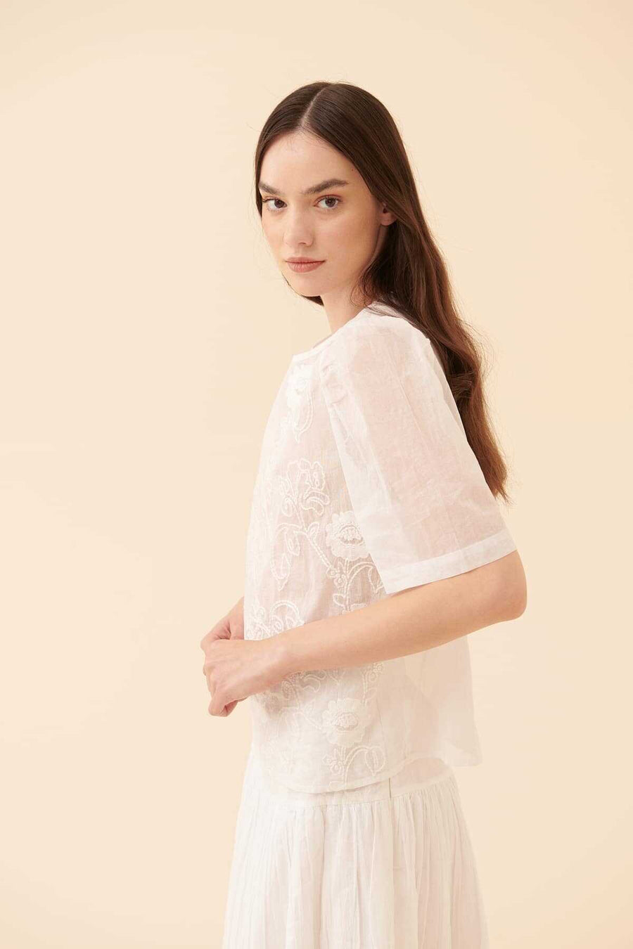 Flower Patterned Short Sleeve Blouse Ivory