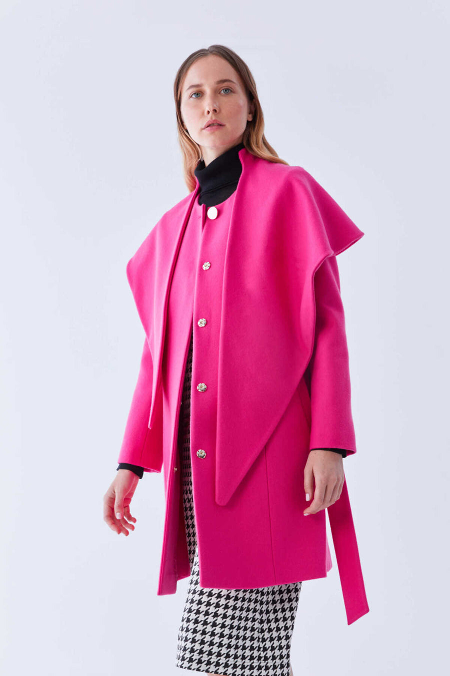 Collar Detailed Asymmetric Women's Coat Fuchsia  - Porterist 1