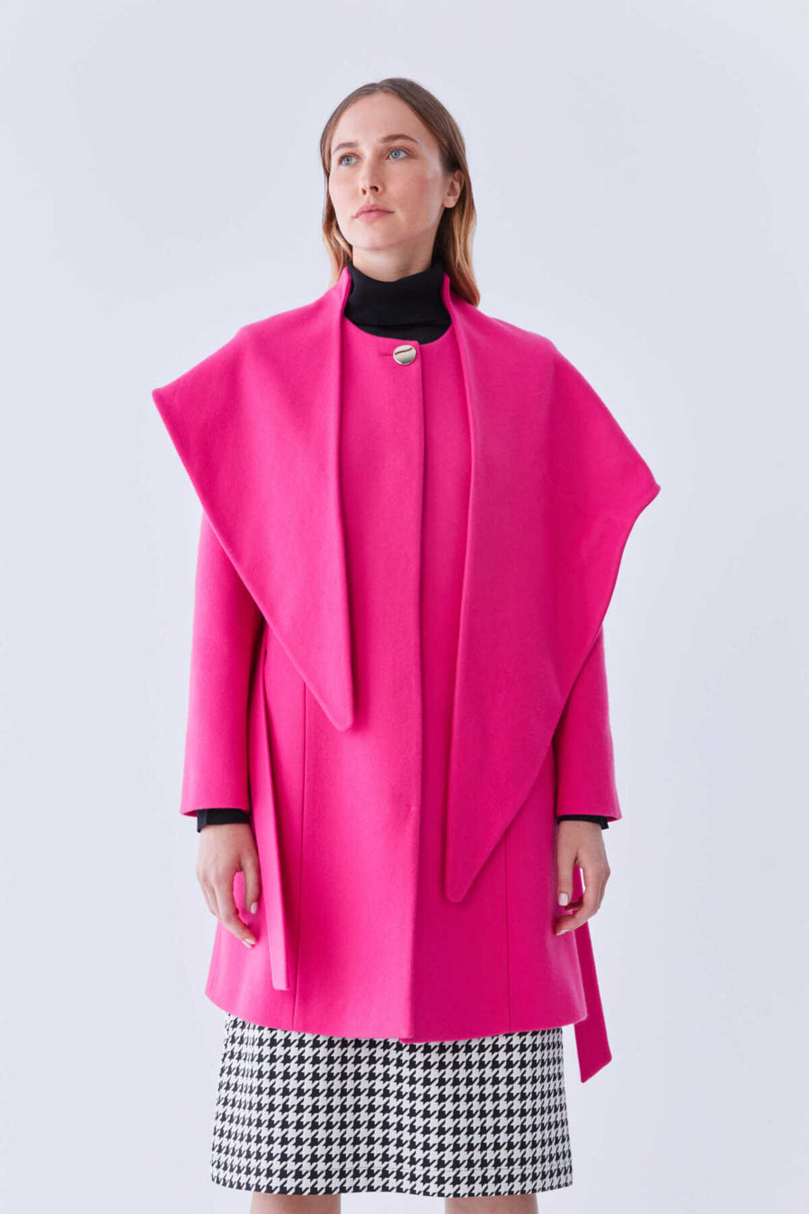 Collar Detailed Asymmetric Women's Coat Fuchsia  - Porterist 3