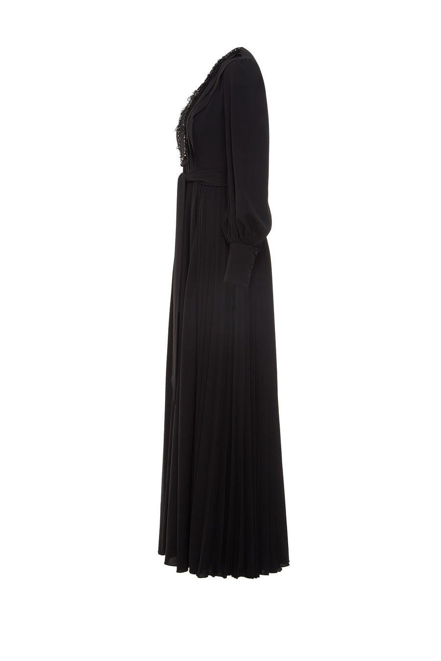Pleated Black Dress With Belt Embroidery Detail Fınal Item - Porterist 2