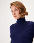 Navy Blue Half Turtleneck Knitwear Sweater With Rose Detail