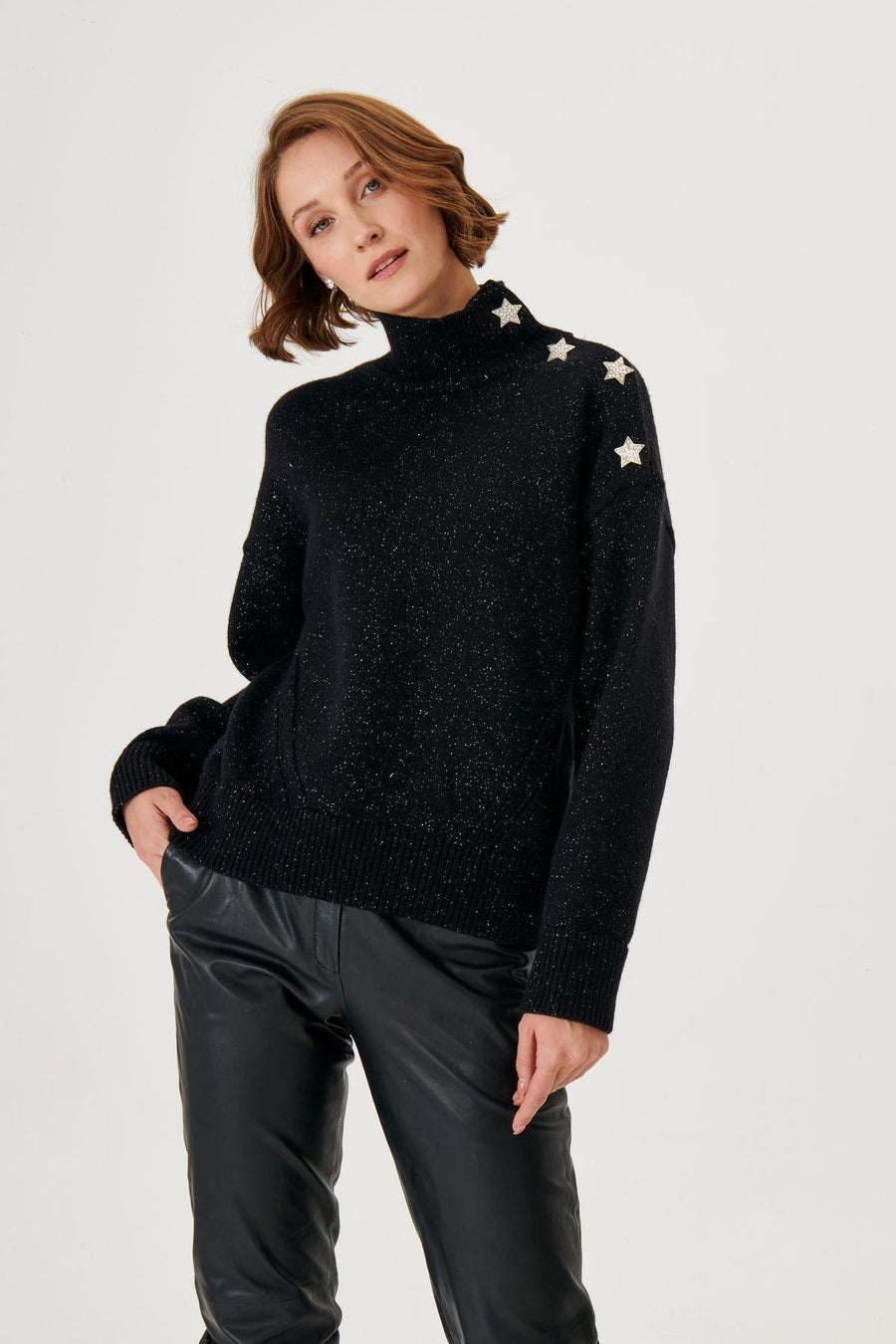 Star Button Detail Glittery Black Knitted Sweater Fınal Item - Porterist 1