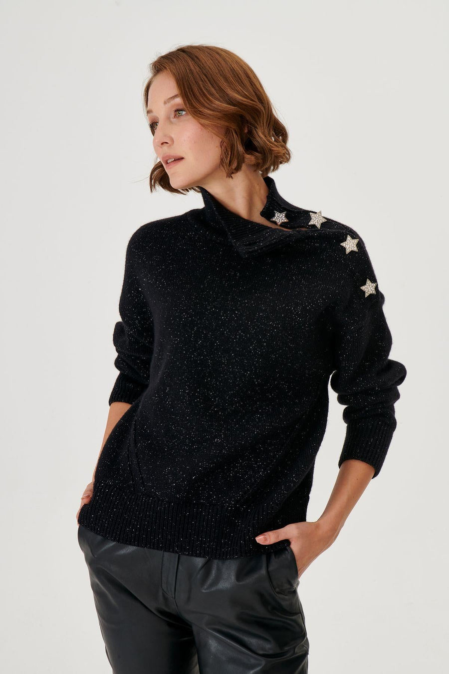 Star Button Detail Glittery Black Knitted Sweater Fınal Item - Porterist 2