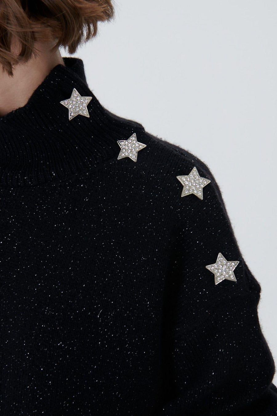 Star Button Detail Glittery Black Knitted Sweater Fınal Item - Porterist 3