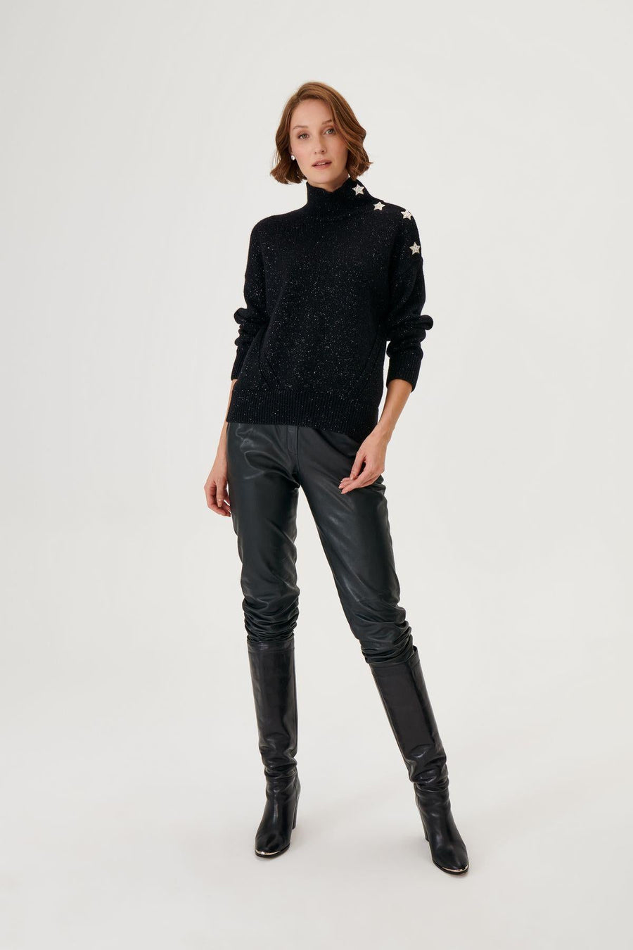 Star Button Detail Glittery Black Knitted Sweater Fınal Item - Porterist 4