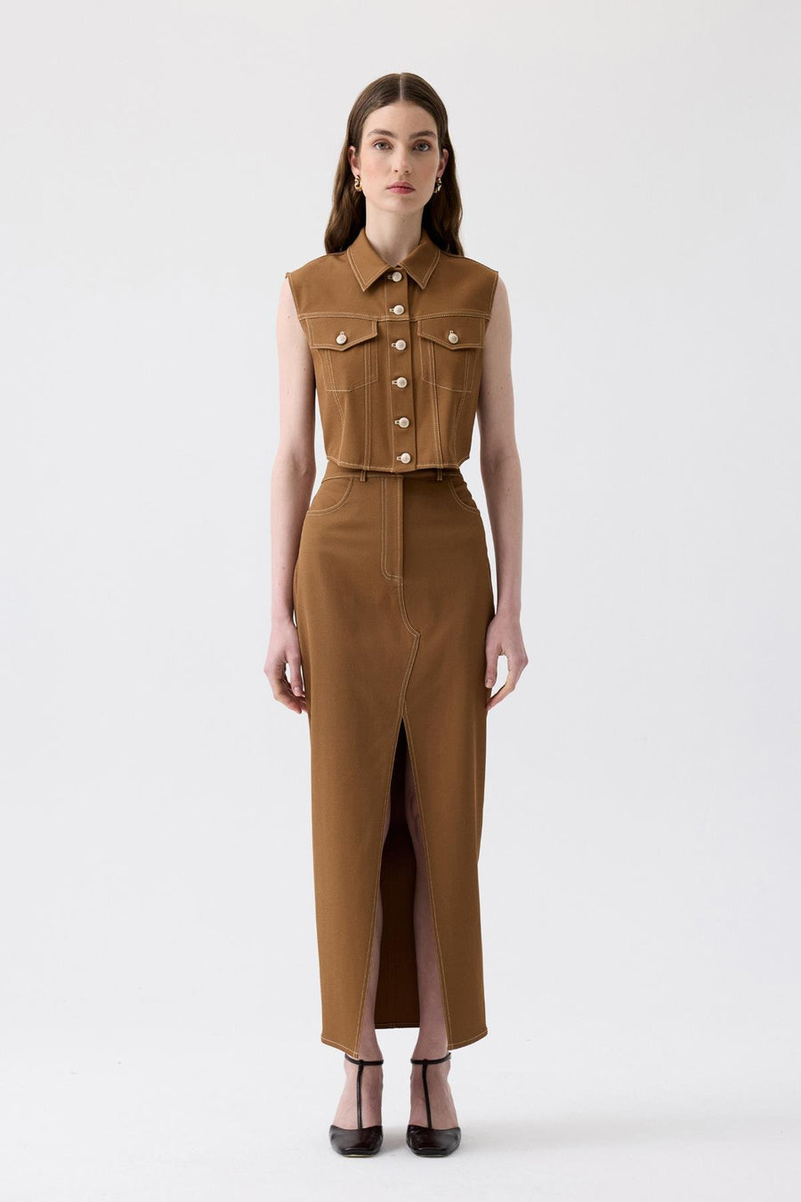 Brown Long Skirt with Slit Detail