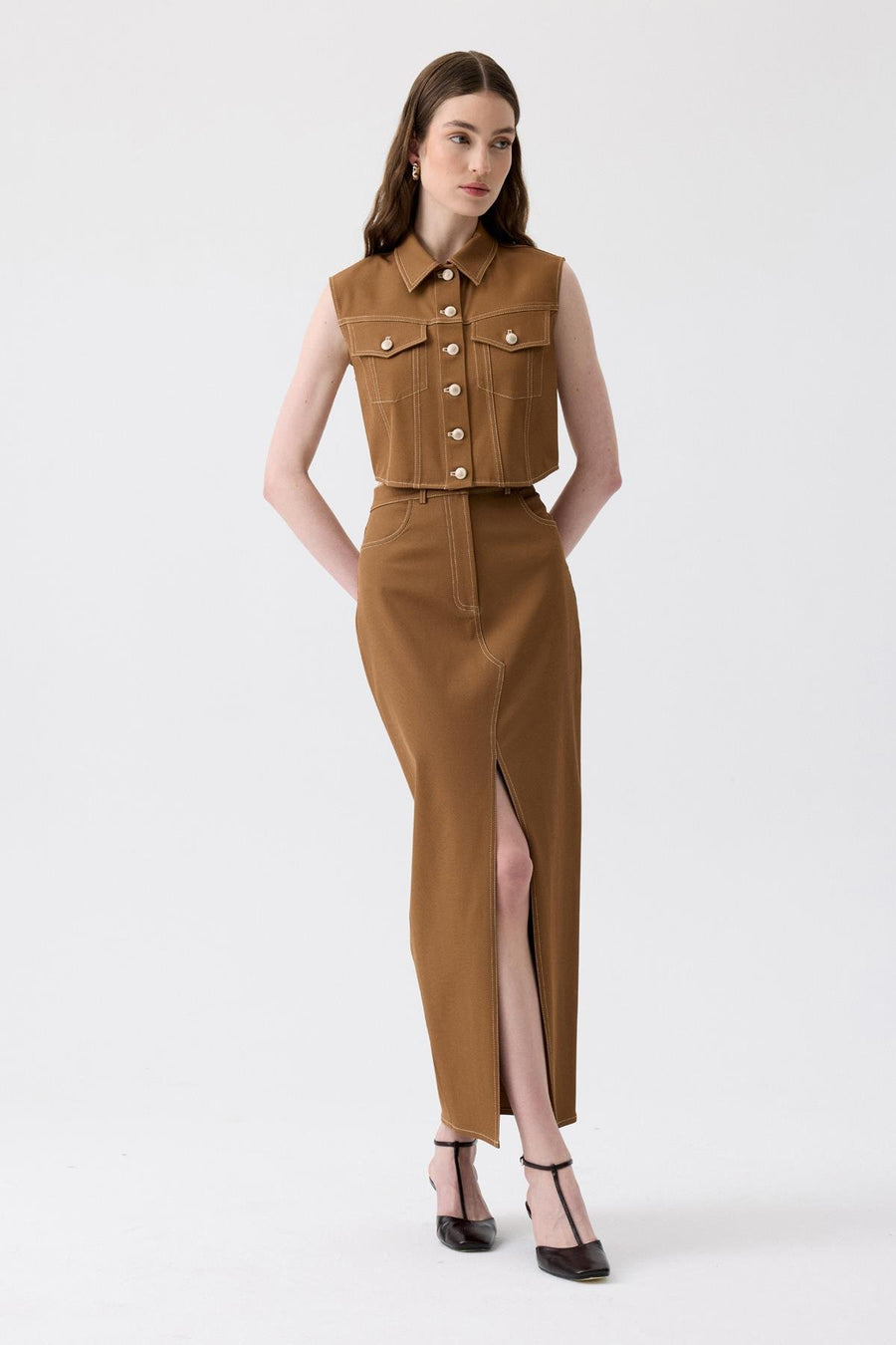 Brown Long Skirt with Slit Detail