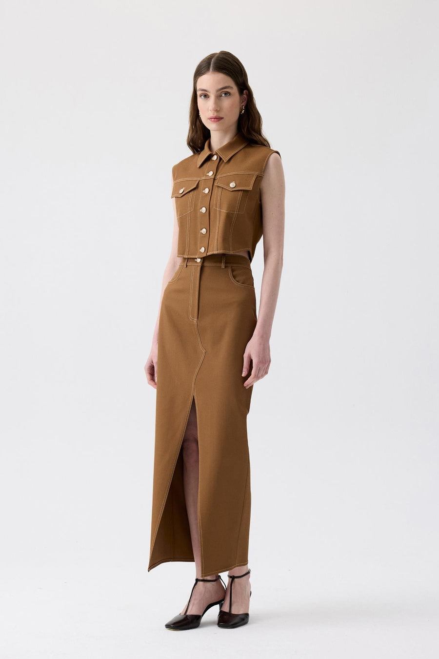 Brown Long Skirt with Slit Detail