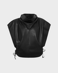 Sleeveless Leather Vest with High Collar - Black