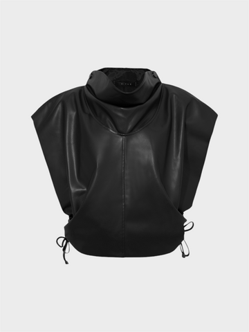 Sleeveless Leather Vest with High Collar - Black