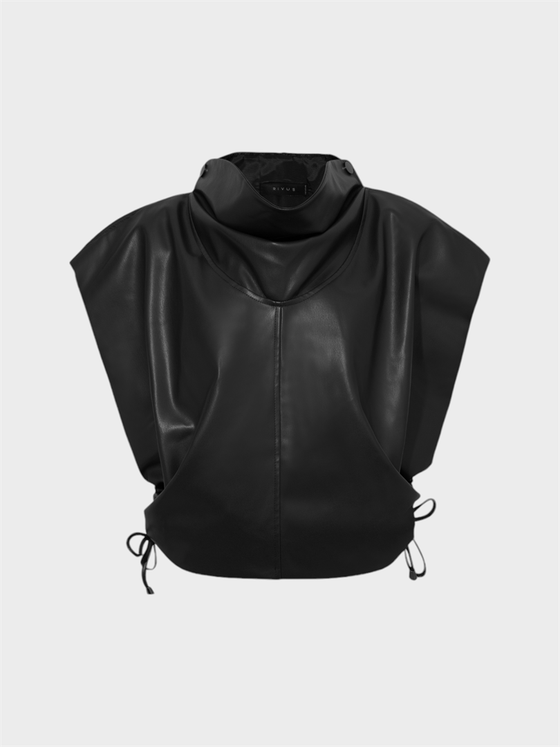 Sleeveless Leather Vest with High Collar - Black