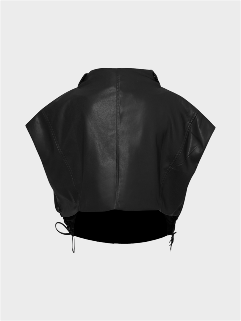 Sleeveless Leather Vest with High Collar - Black