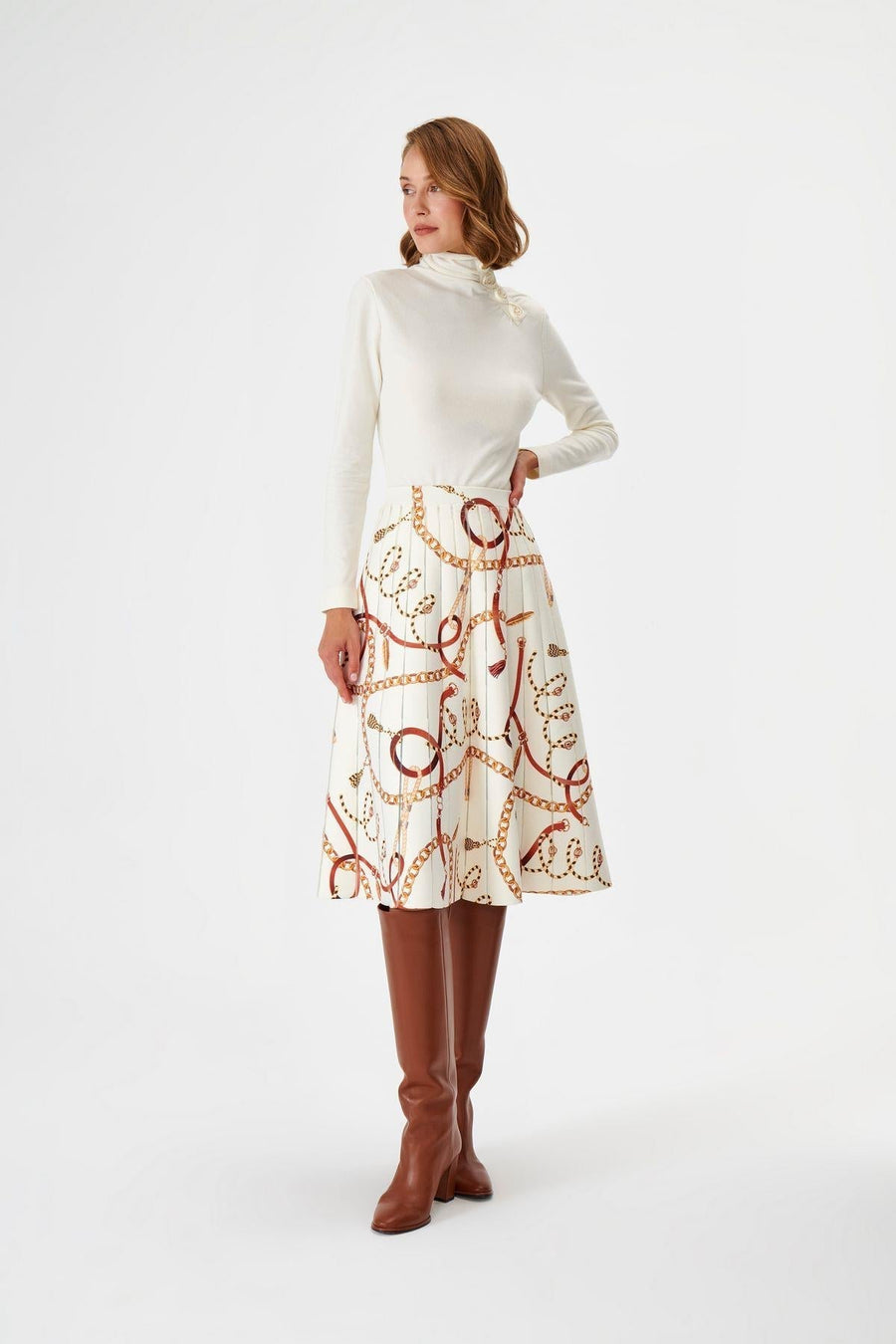 Ivory Chain Patterned Ecru Midi Knitwear Skirt Fınal Item - Porterist 1