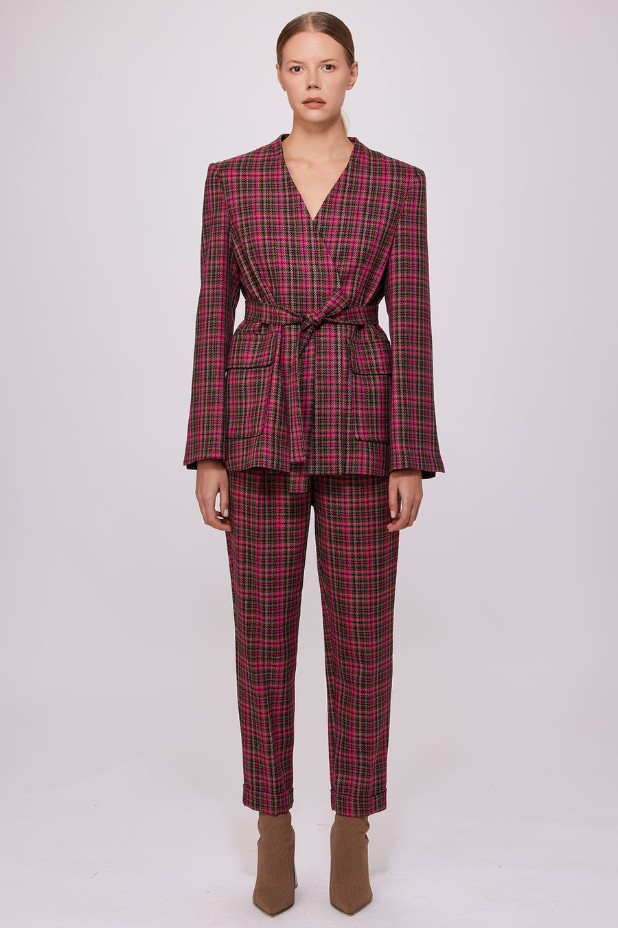 Belted Plaid Jacket Fuchsia | Porterist