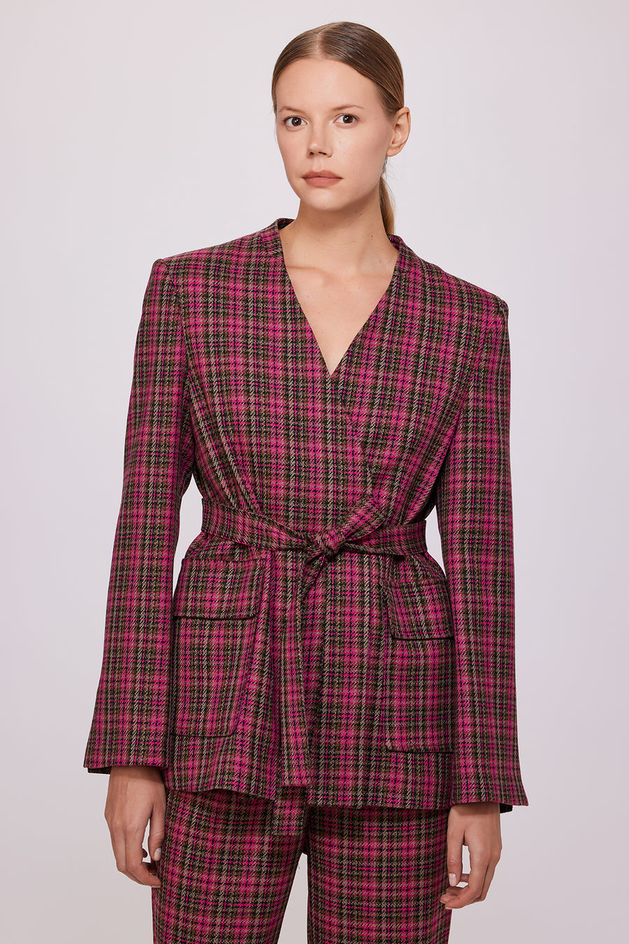 Belted Plaid Jacket Fuchsia | Porterist