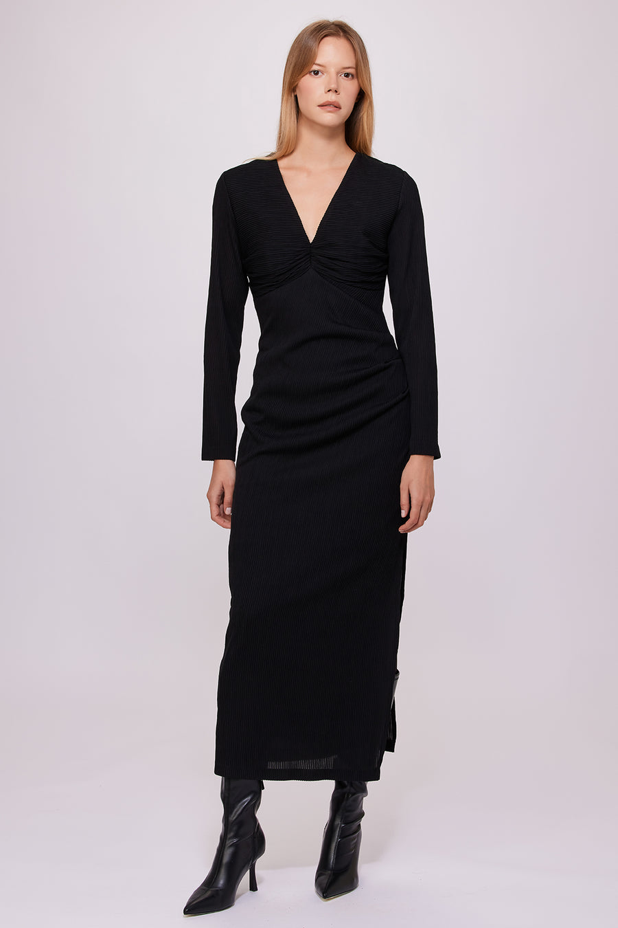 V - neck Long Dress Black | Porterist