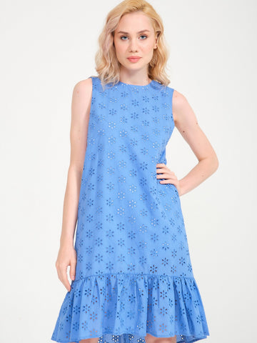Vekmia Blue Sleeveless Relaxed Fit Scalloped Dress With Pleated Skirt - Porterist 1