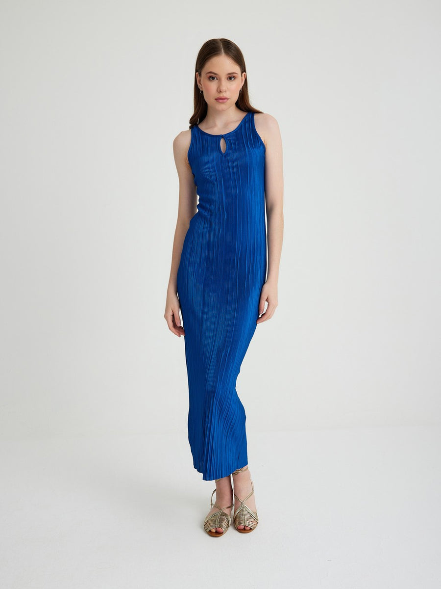 Blue Pleated Front Drop Closure Detailed Dress | Porterist