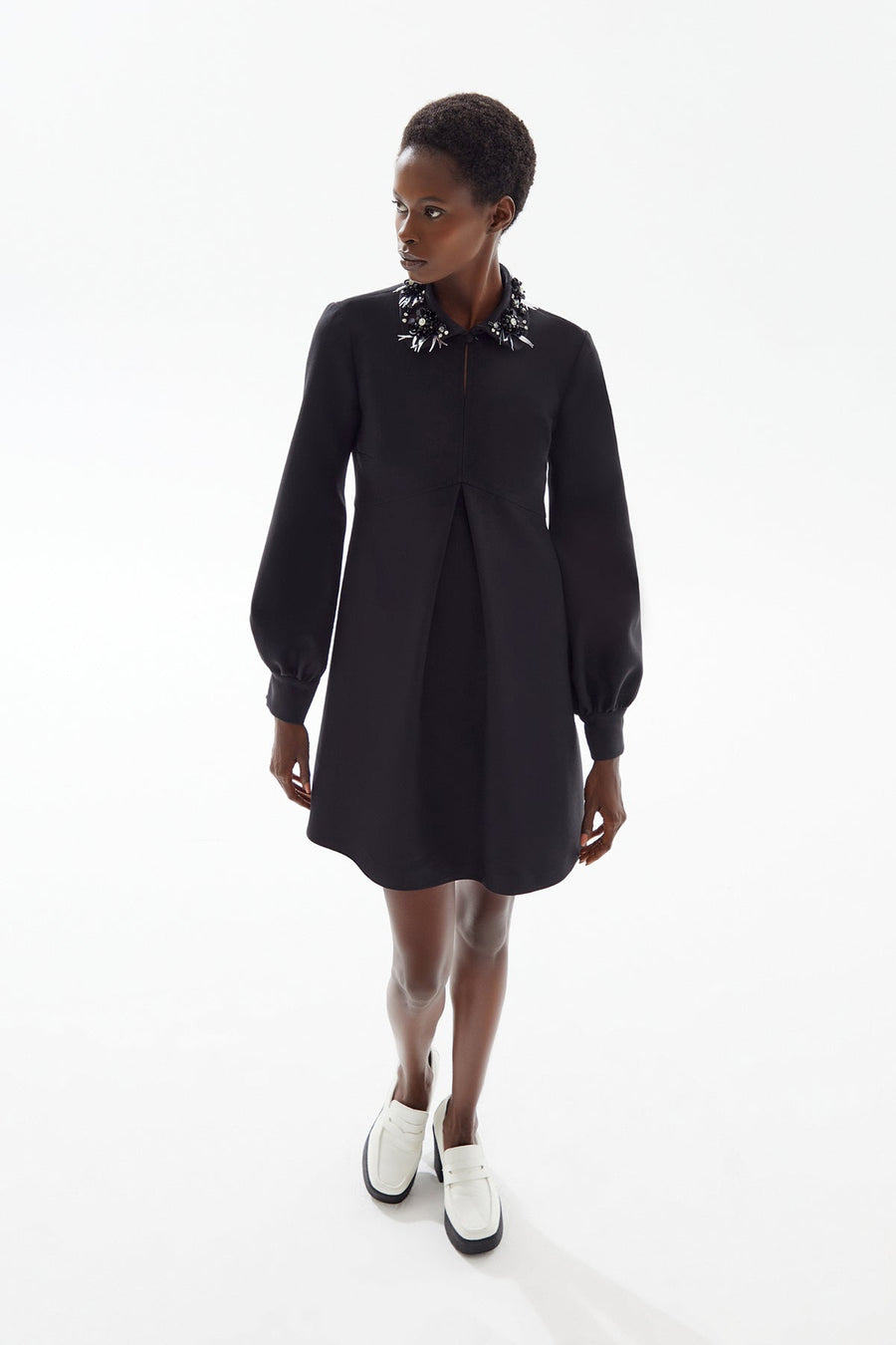 Black Collar Embroidered Cuff Mini Dress | Porterist