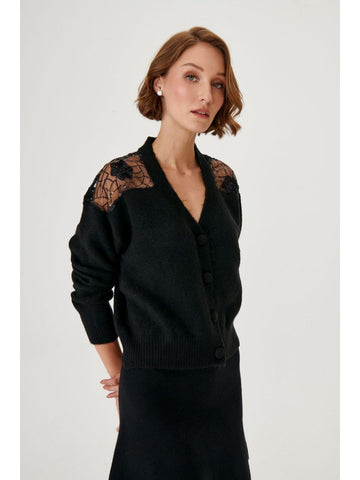 Black Knitwear Cardigan With Lace Detail | Porterist