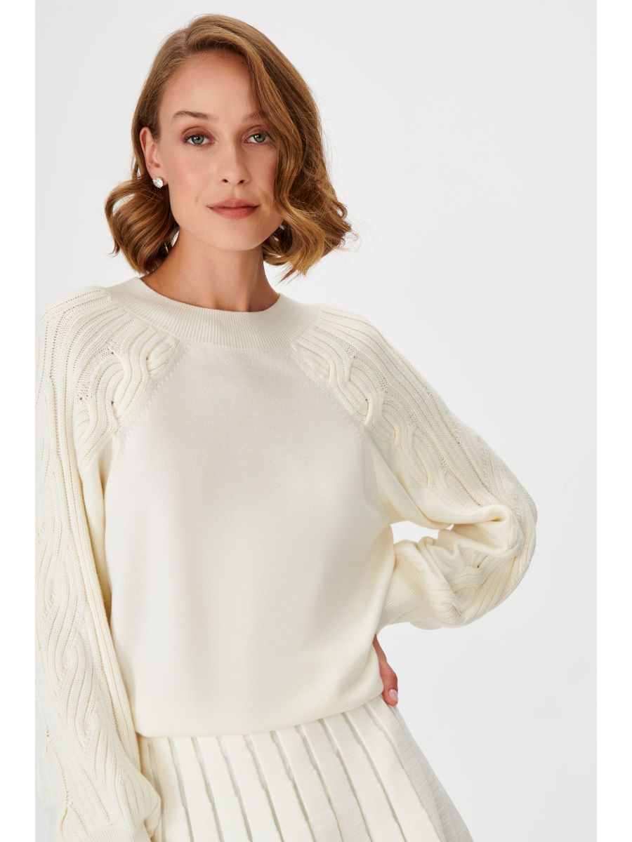 Ecru Knitwear Sweater With Hair Braided Sleeves | Porterist