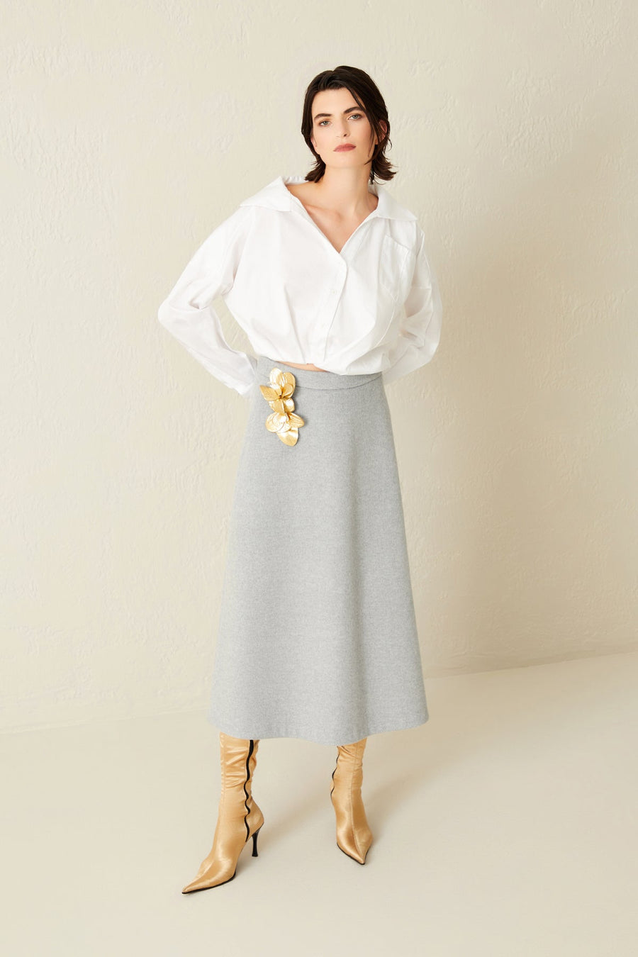 Jus De Pommes Gray Wool Flared Midi Skirt  - Porterist 2