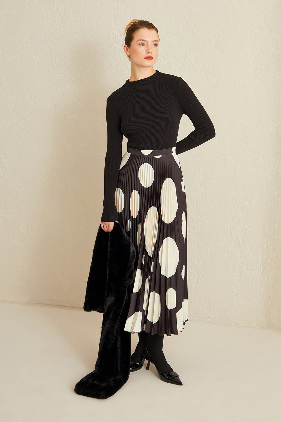 Jus De Pommes Black And White Polka Dot Pleated Long Skirt  - Porterist 4