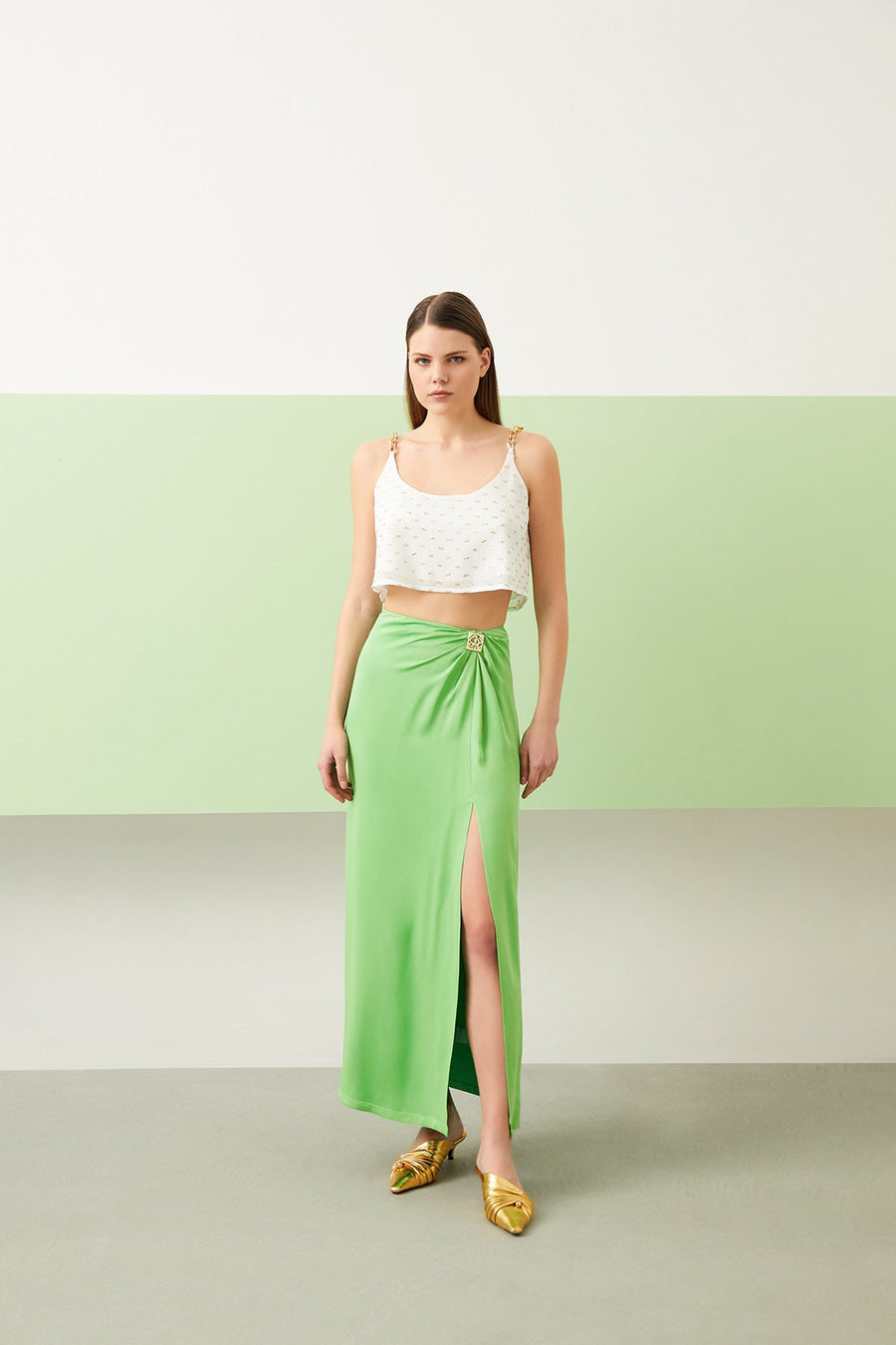 Green Waist Drapeli Slit Maxi Skirt | Porterist