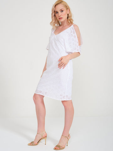 Vekmia White Casual Cut Strap Dress With Scallops And Shoulder Decollete - Porterist 3