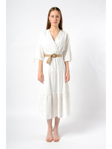 Short Sleeve Dress With Straw Belt - Ecru | Porterist
