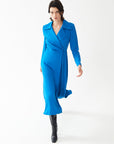 Petroleum Blue Midi Length Dress With Jacket Collar And Long