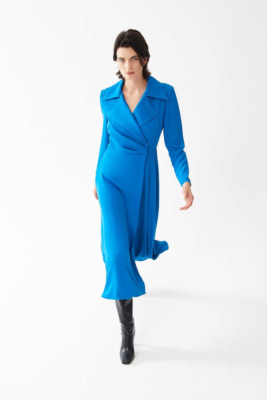 Petroleum Blue Midi Length Dress With Jacket Collar And Long