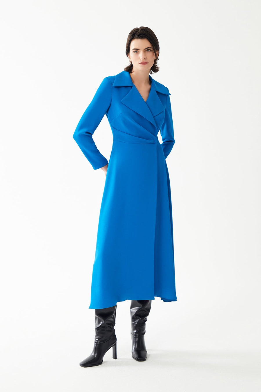 Petroleum Blue Midi Length Dress With Jacket Collar And Long