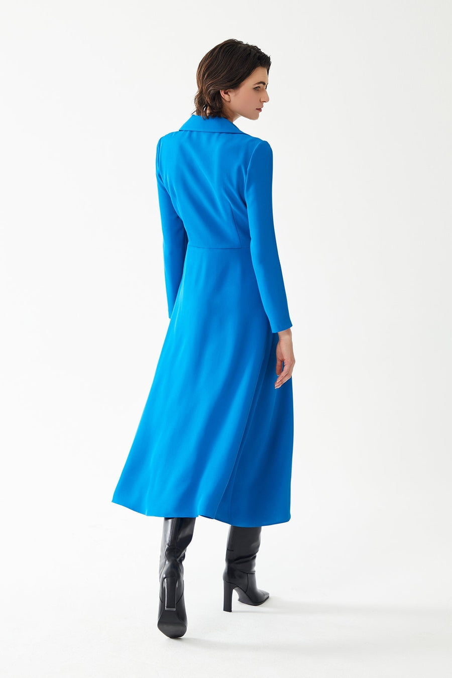 Petroleum Blue Midi Length Dress With Jacket Collar And Long