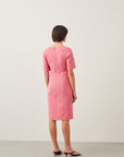 Short Sleeve Midi Dress With Red Tweed Front Buttons