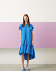 Blue Short Sleeve Flared Asymmetrical Cut Dress | Porterist